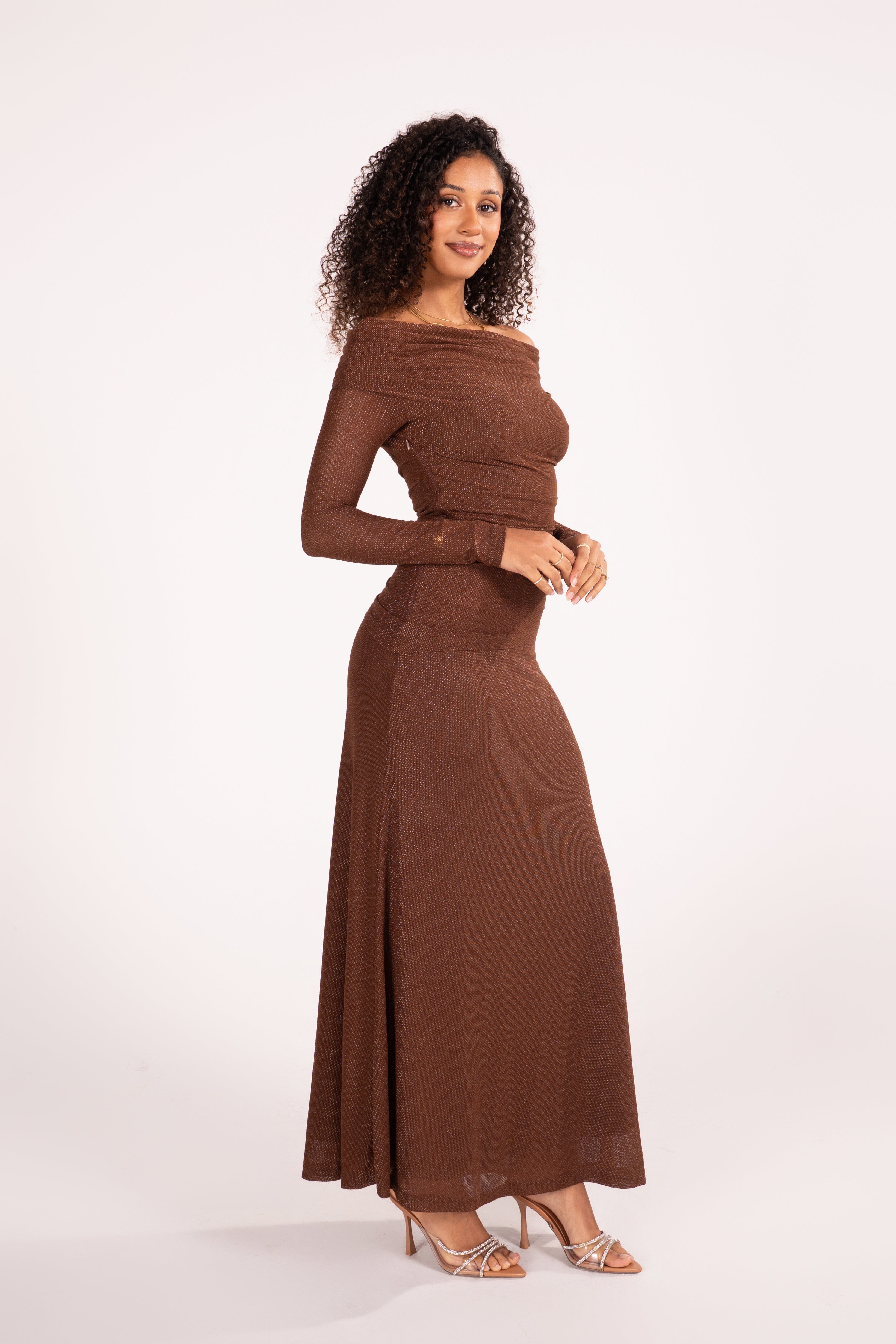 Irina Brown Shimmer Off Shoulder Maxi Dress with Sheer Long Sleeves