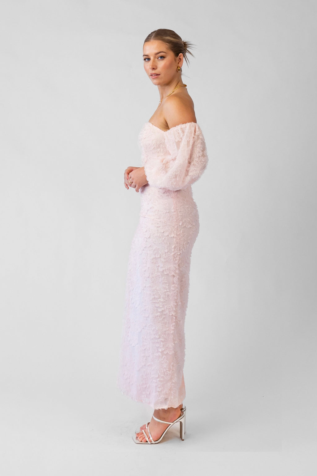 Kylie Off-Shoulder Blush Midi Dress with Puffed Sleeves