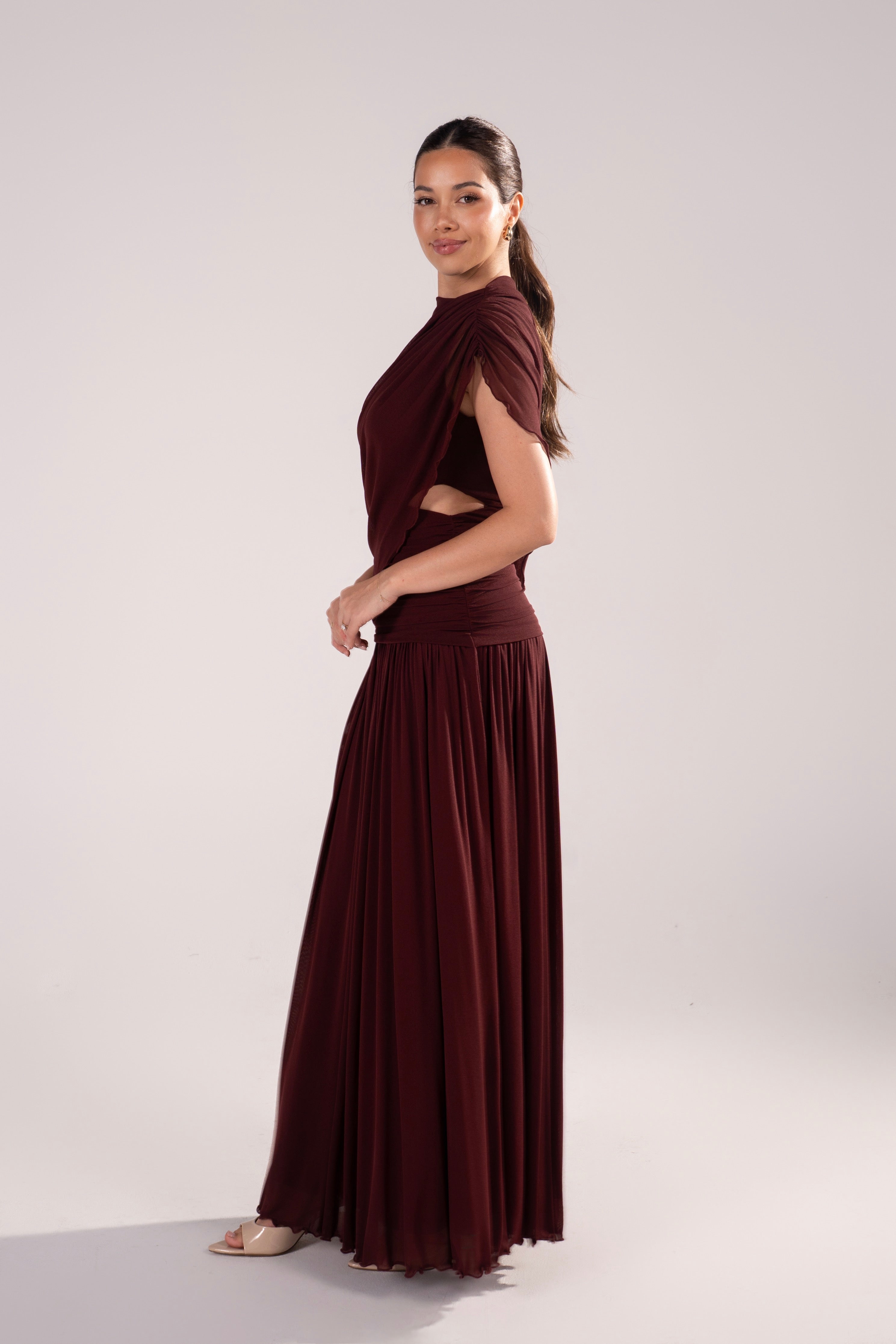 Nylah Draped Bodice Wine Maxi Dress