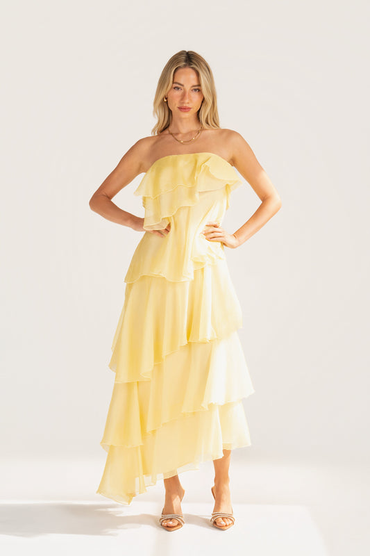 Piper Strapless Yellow Cascading Tier Maxi Dress