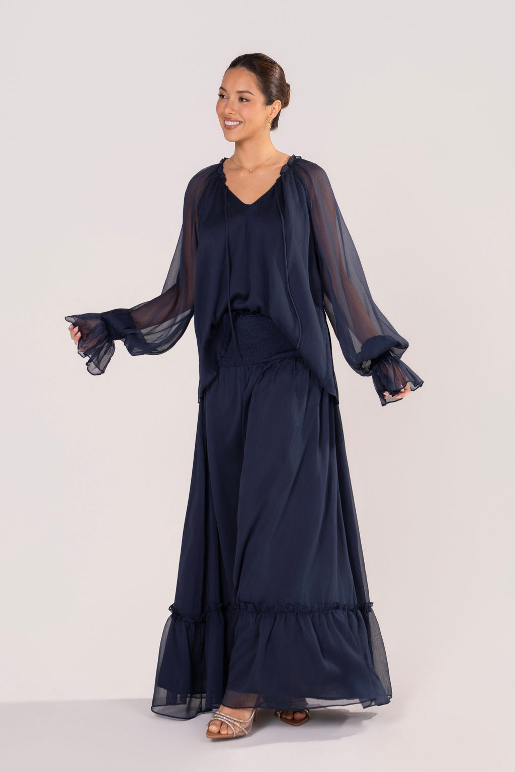 Querida Long Sleeve Navy Blouse & Maxi Skirt Set