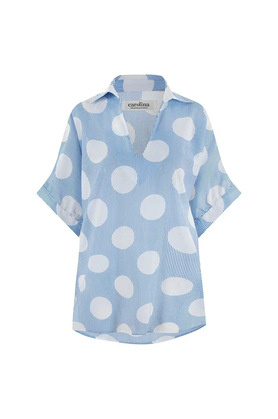 Tammy Short Sleeve Collared Top in Blue Striped and Polka Dots