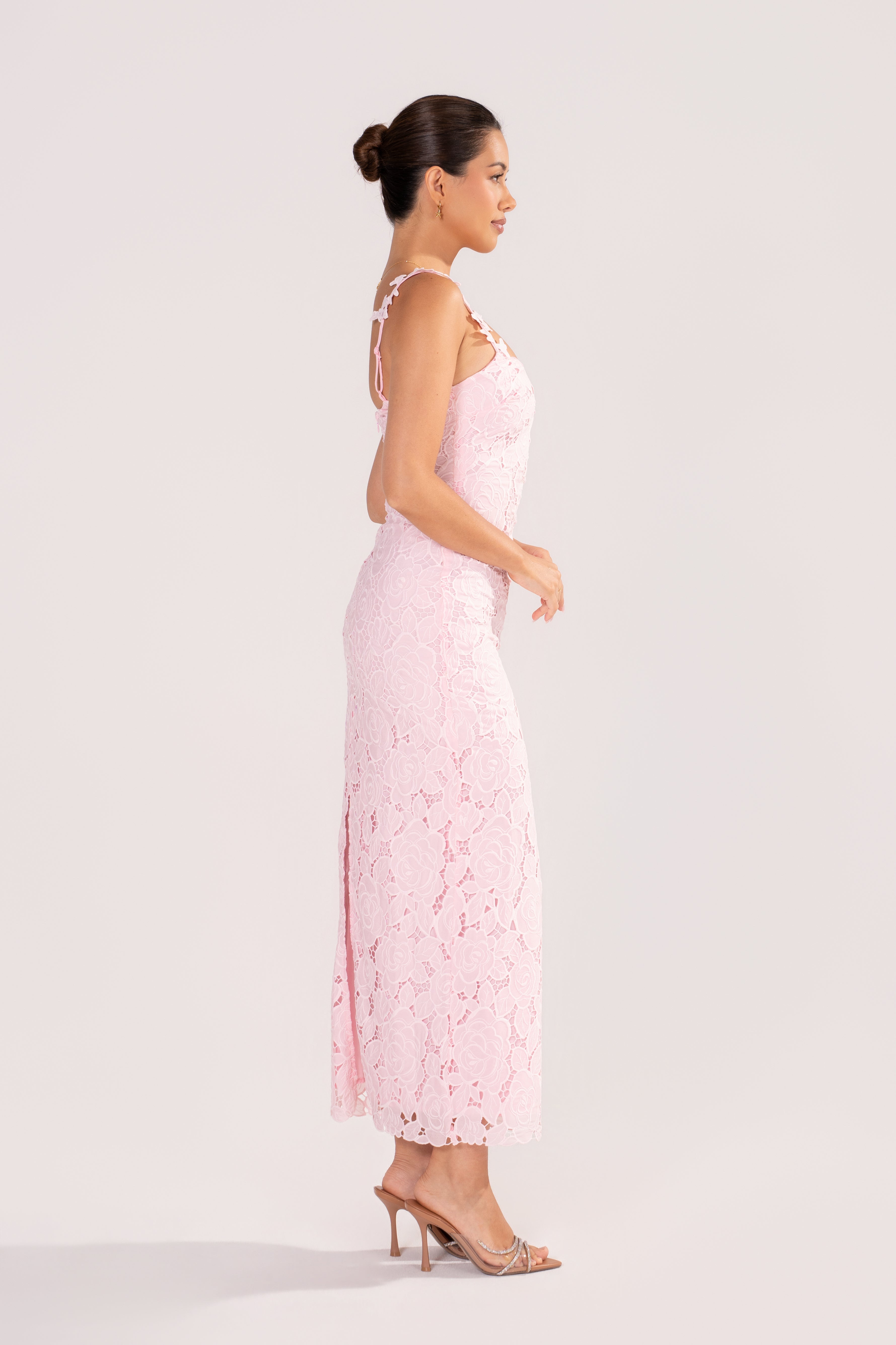 Veda Pink Floral Lace Midi Dress