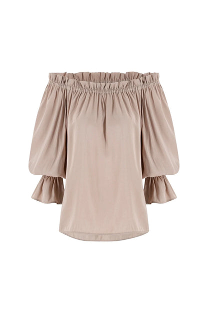 Vittoria Frill Trim Off Shoulder Long Sleeve Top Taupe