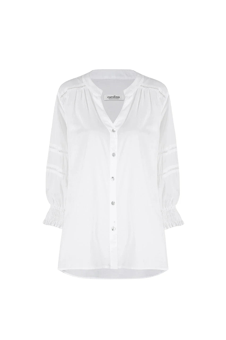 Whittney 3/4 Sleeve Smocked Cuffs V-Neck Top White