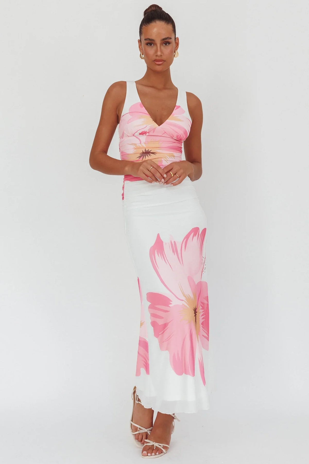 Oliana V-Neck Mesh Maxi Dress Hibiscus White/Pink