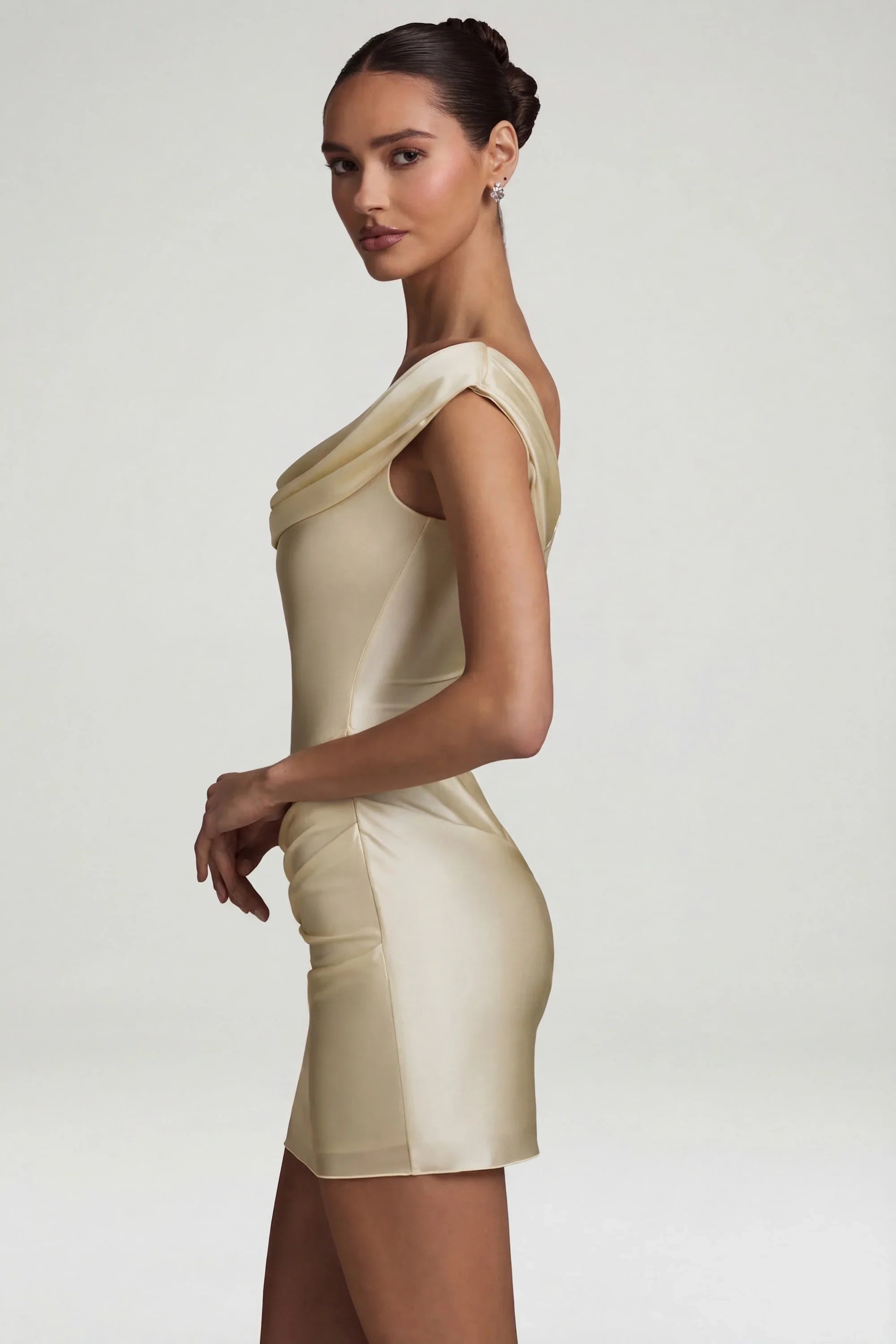 Satin Off-Shoulder Draped Mini Dress in Ivory