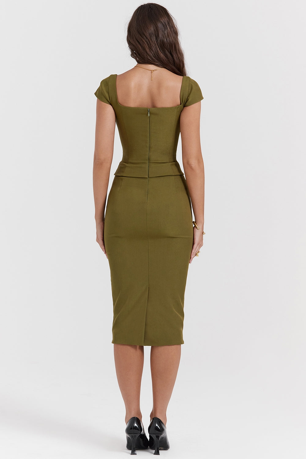 olive corset midi dress