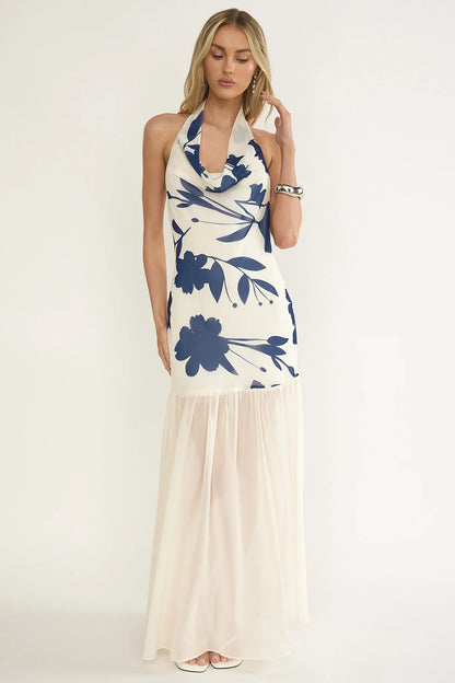 Omaria Cowl Halter Maxi Dress Floral Beige