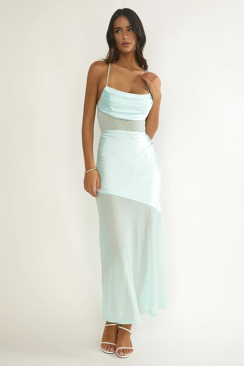 Golden Era Sheer Waist Maxi Dress Aqua Blue