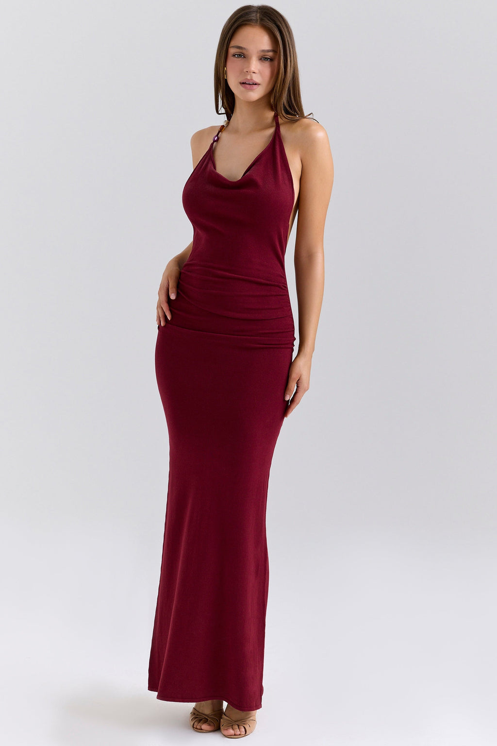 wine draped halter neck maxi dress