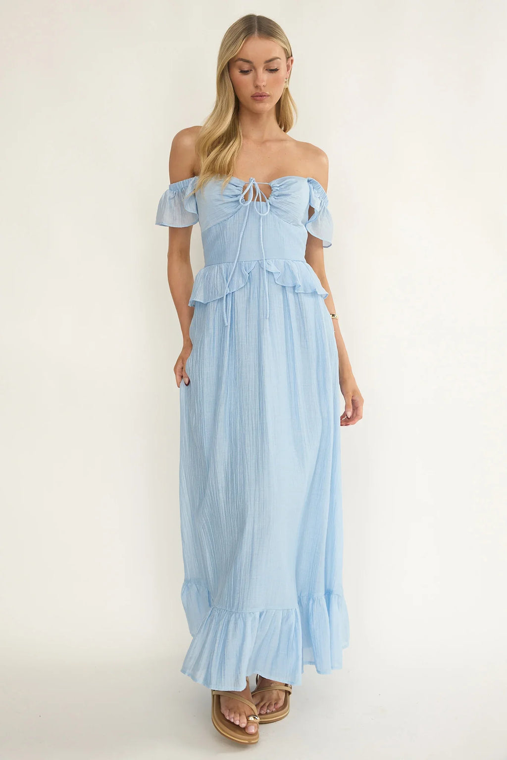 Hanalei Off-Shoulder Tied Bust Maxi Dress Light Blue