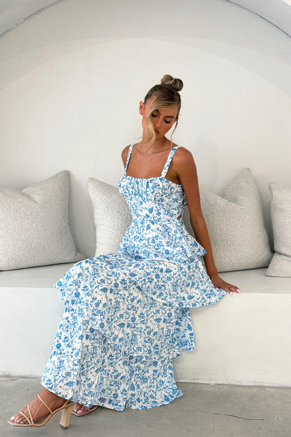 Provence Bloom Tiered Midi Dress Floral Blue
