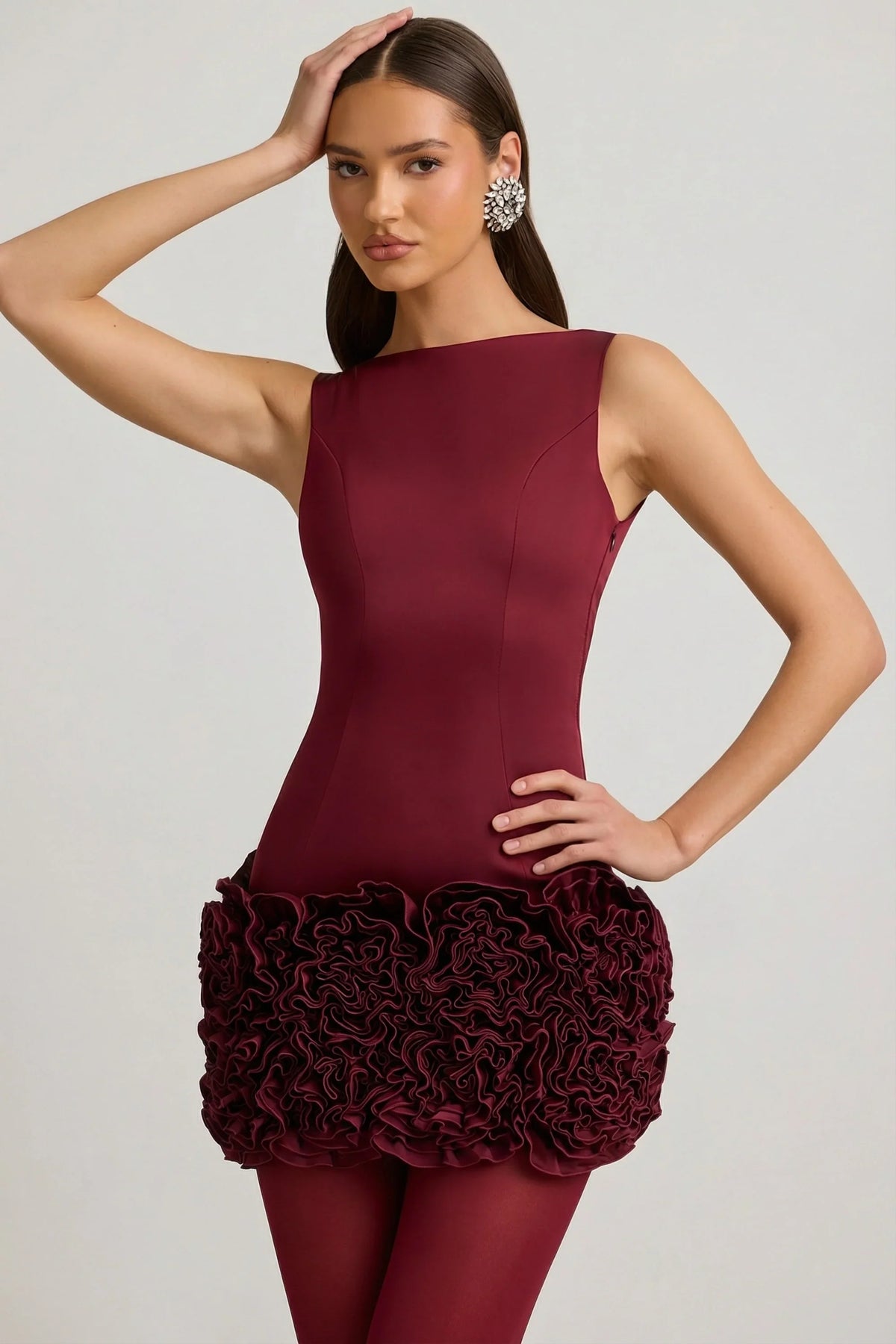 Satin Floral Appliqué Open-Back Mini Dress in Wine Red