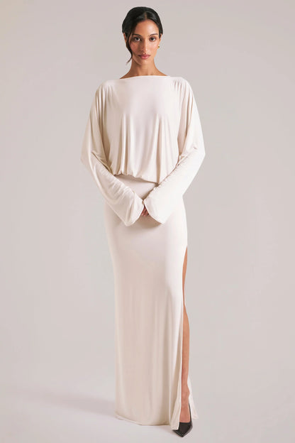 Long-Sleeve Draped Maxi Dress in Ivory