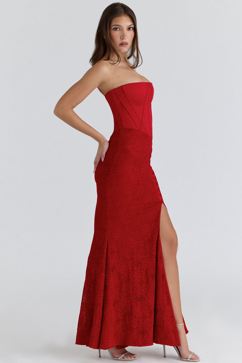 red satin lace strapless maxi dress