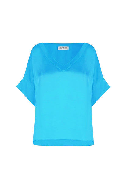 Bianca Short Sleeve Top Capri Blue with V Neck