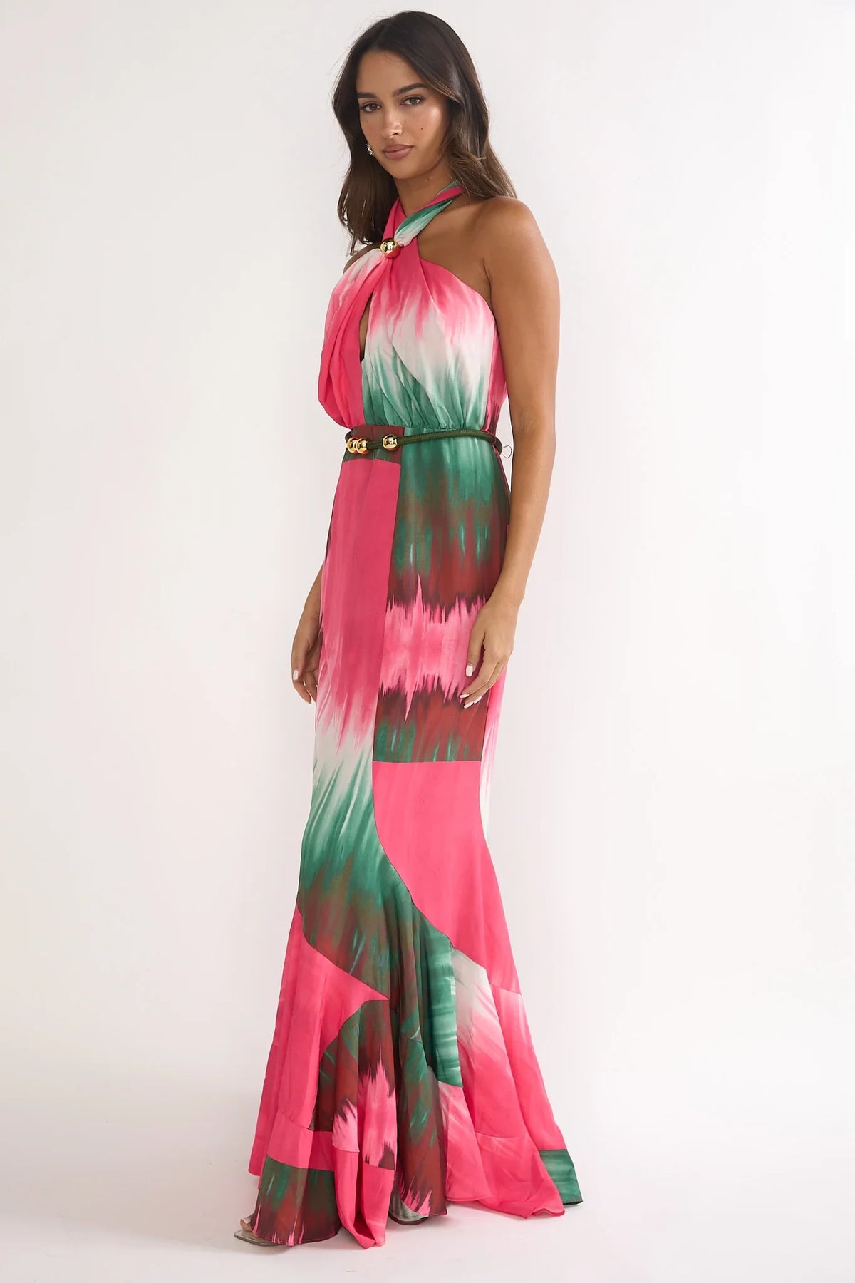 Elaina Rope Waist Halter Maxi Dress Fuchsia