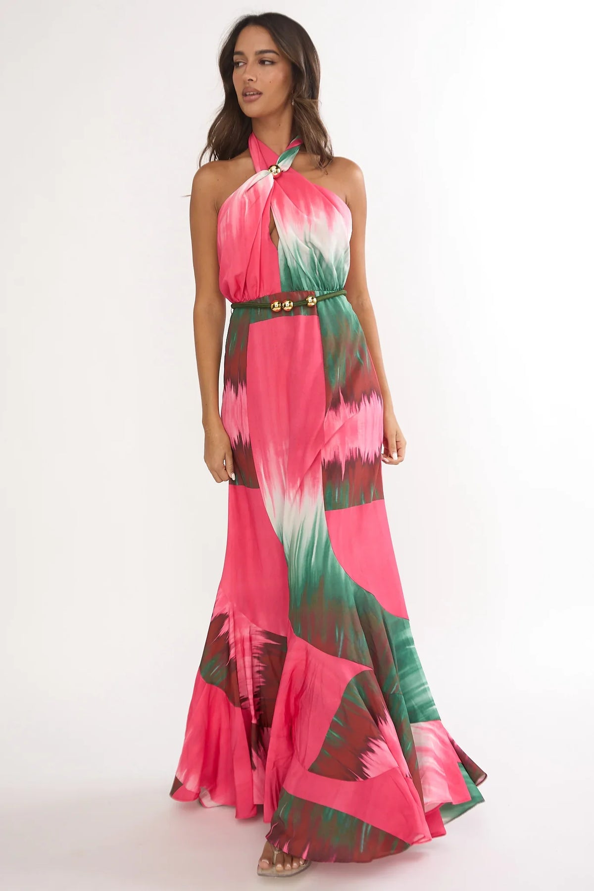 Elaina Rope Waist Halter Maxi Dress Fuchsia