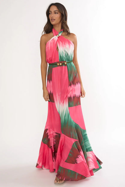Elaina Rope Waist Halter Maxi Dress Fuchsia