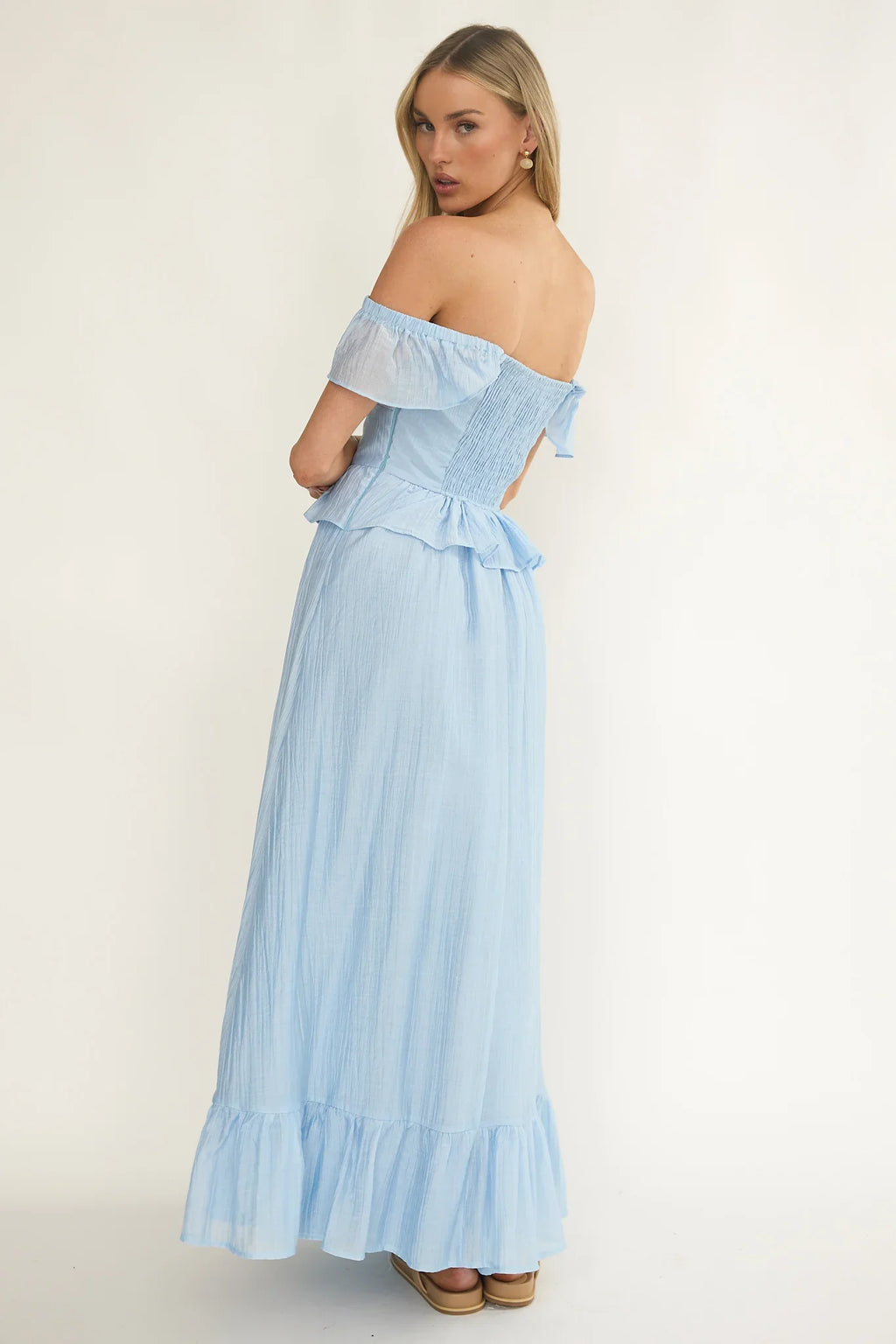 Hanalei Off-Shoulder Tied Bust Maxi Dress Light Blue