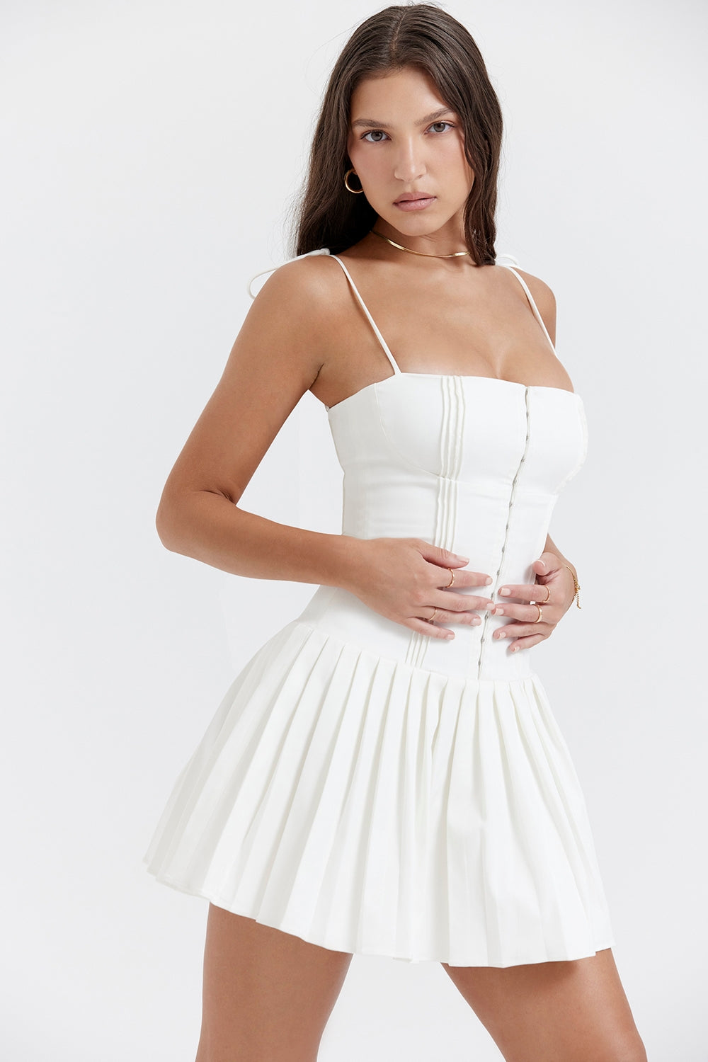 white pleated mini dress