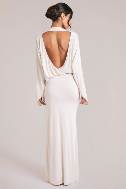 Long-Sleeve Draped Maxi Dress in Ivory