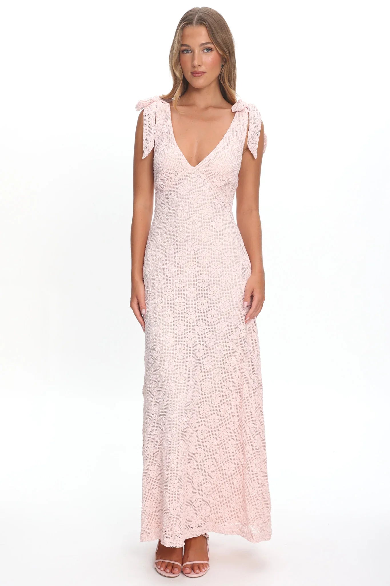 Mykonos Morning Tied Shoulder Maxi Dress Crochet Pink