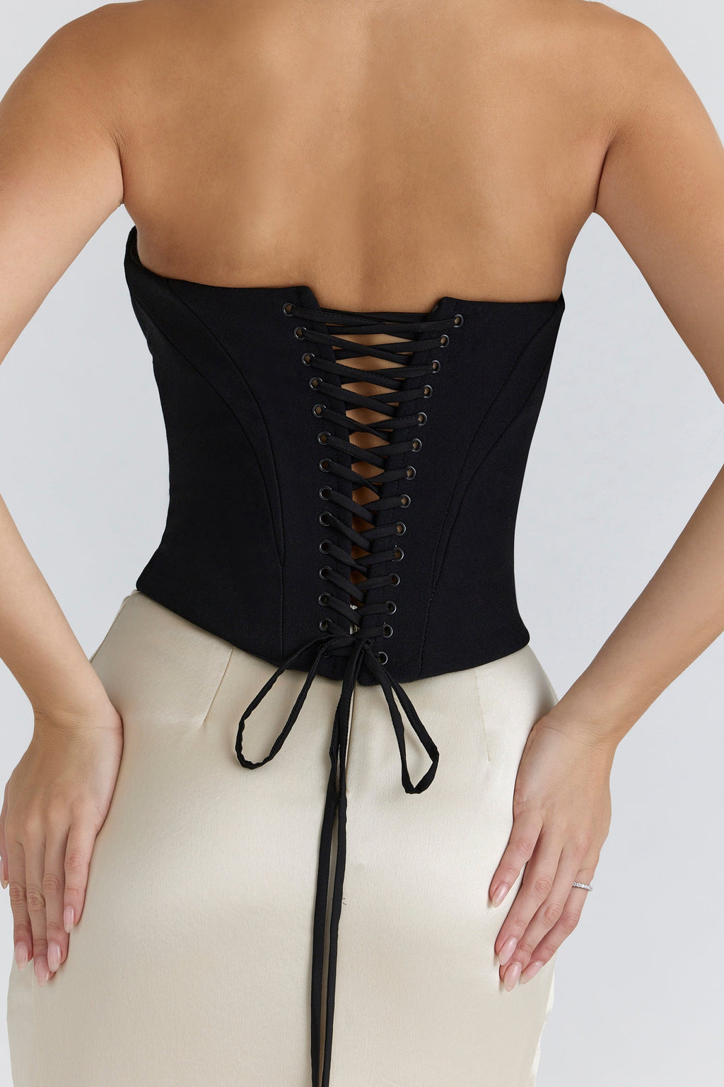black & champagne corset maxi gown