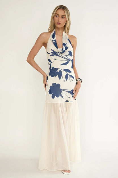 Omaria Cowl Halter Maxi Dress Floral Beige