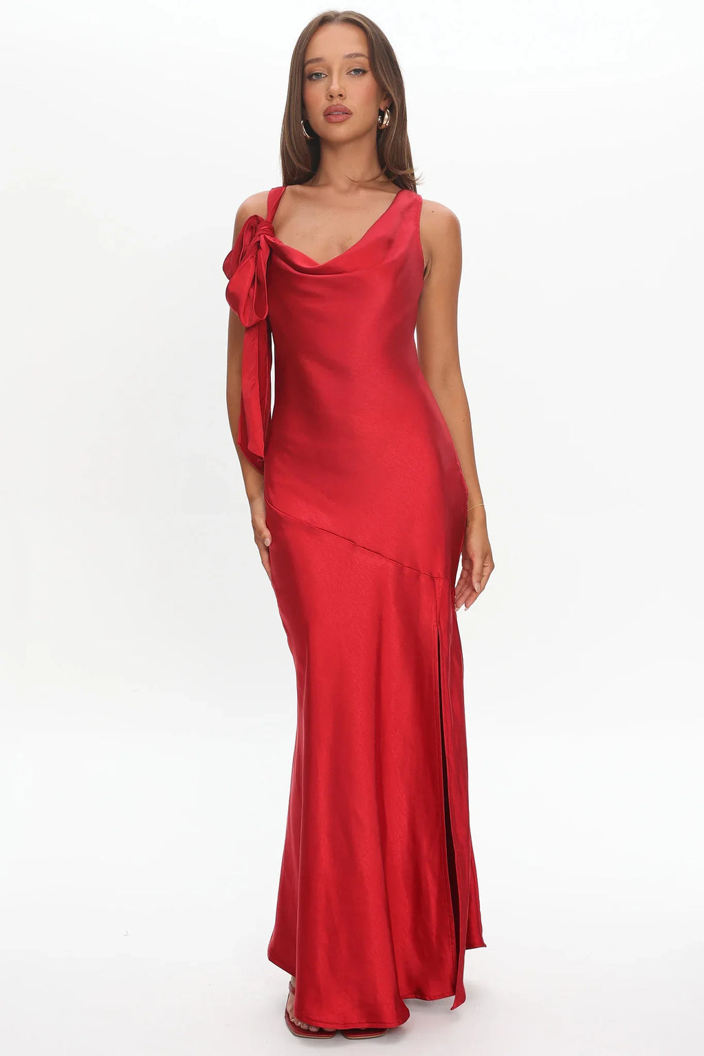 Averie Bow Shoulder Split Midi Dress Red