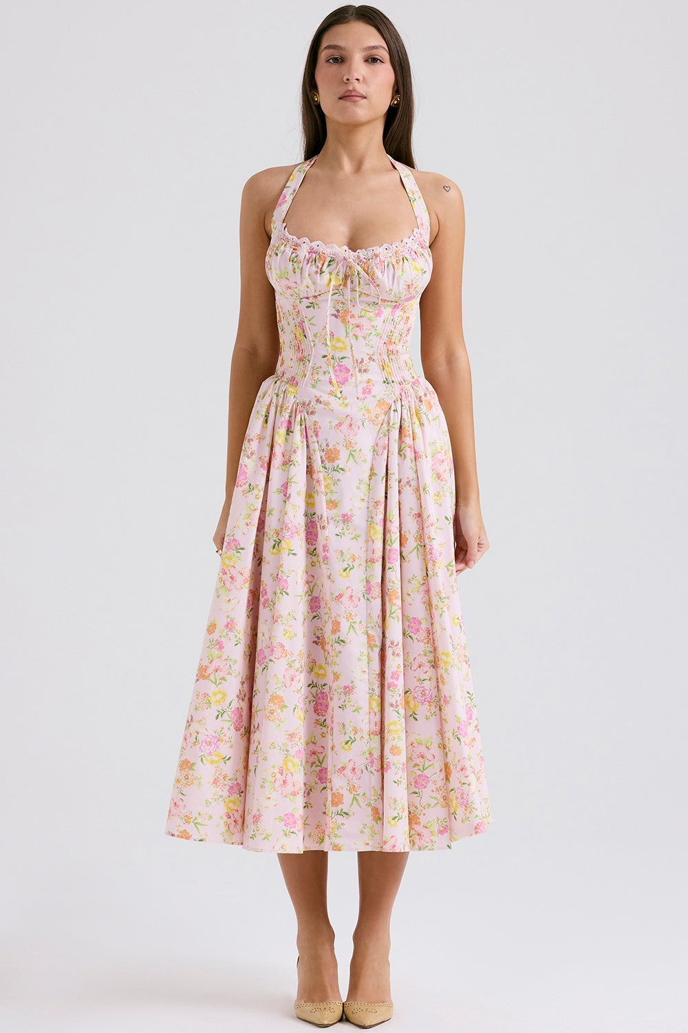 pink meadow print cotton halter midi sundress