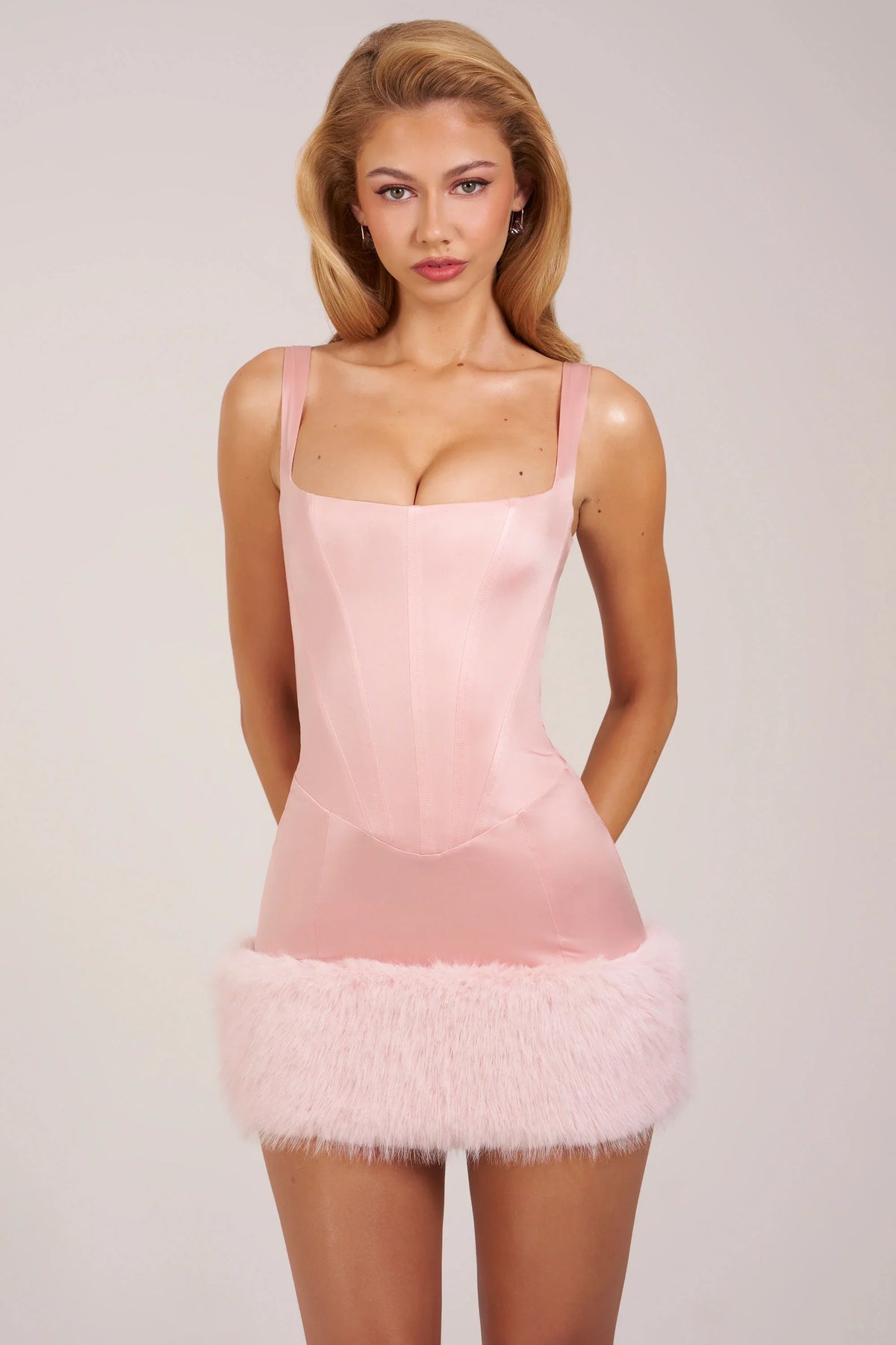 Satin Square-Neck Corset Faux-Fur Mini Dress in Blush Pink