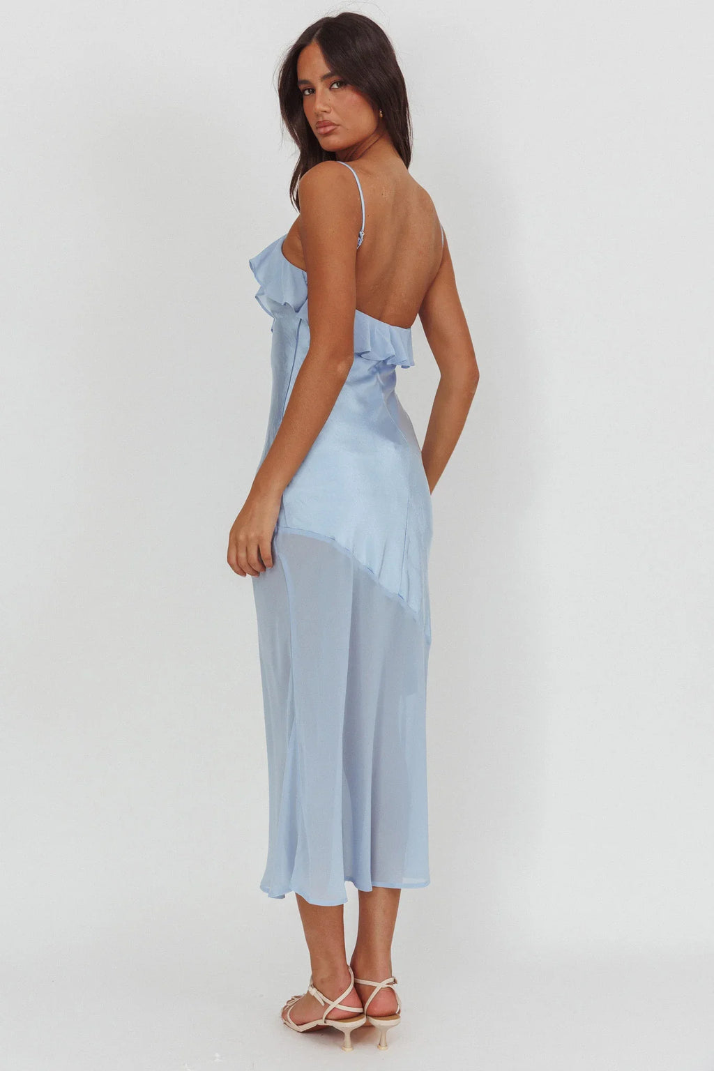 Talula Sheer Hem Ruffle Midi Dress Blue
