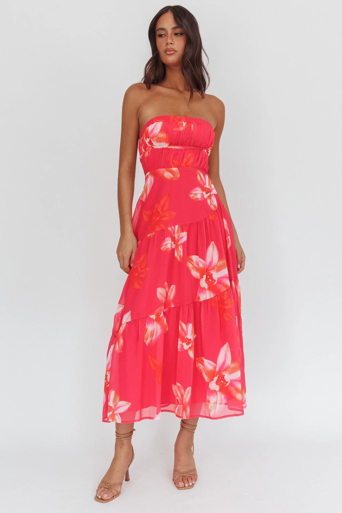 South Pacific Strapless Strappy Back Midi Length Floral Pink