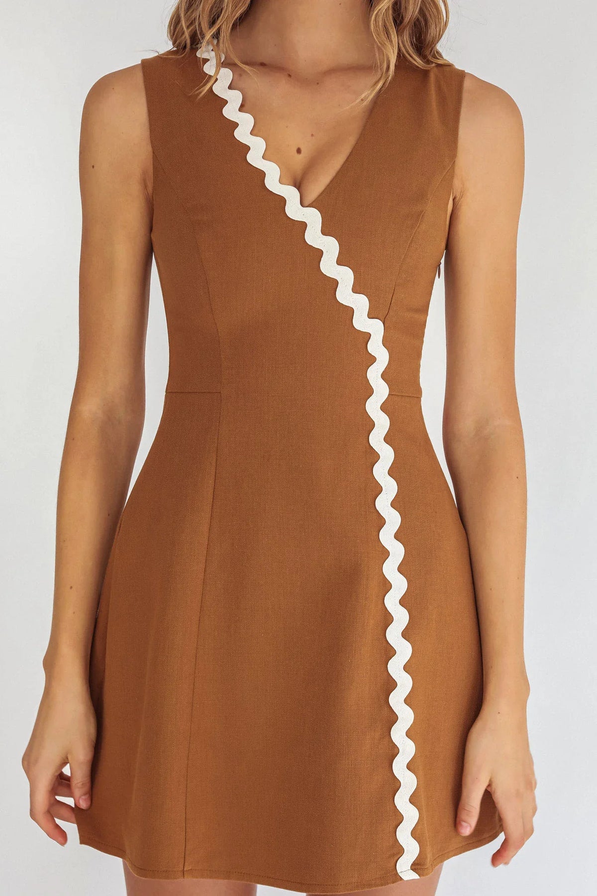 Make You Mine V-Neck Ric-Rac Mini Dress Brown