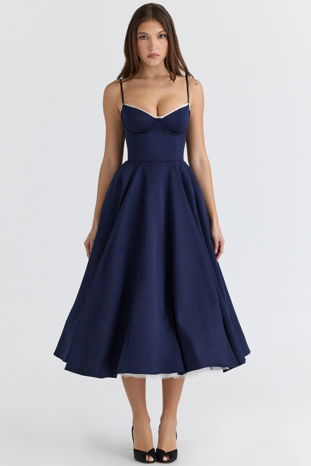navy satin tulle midi dress