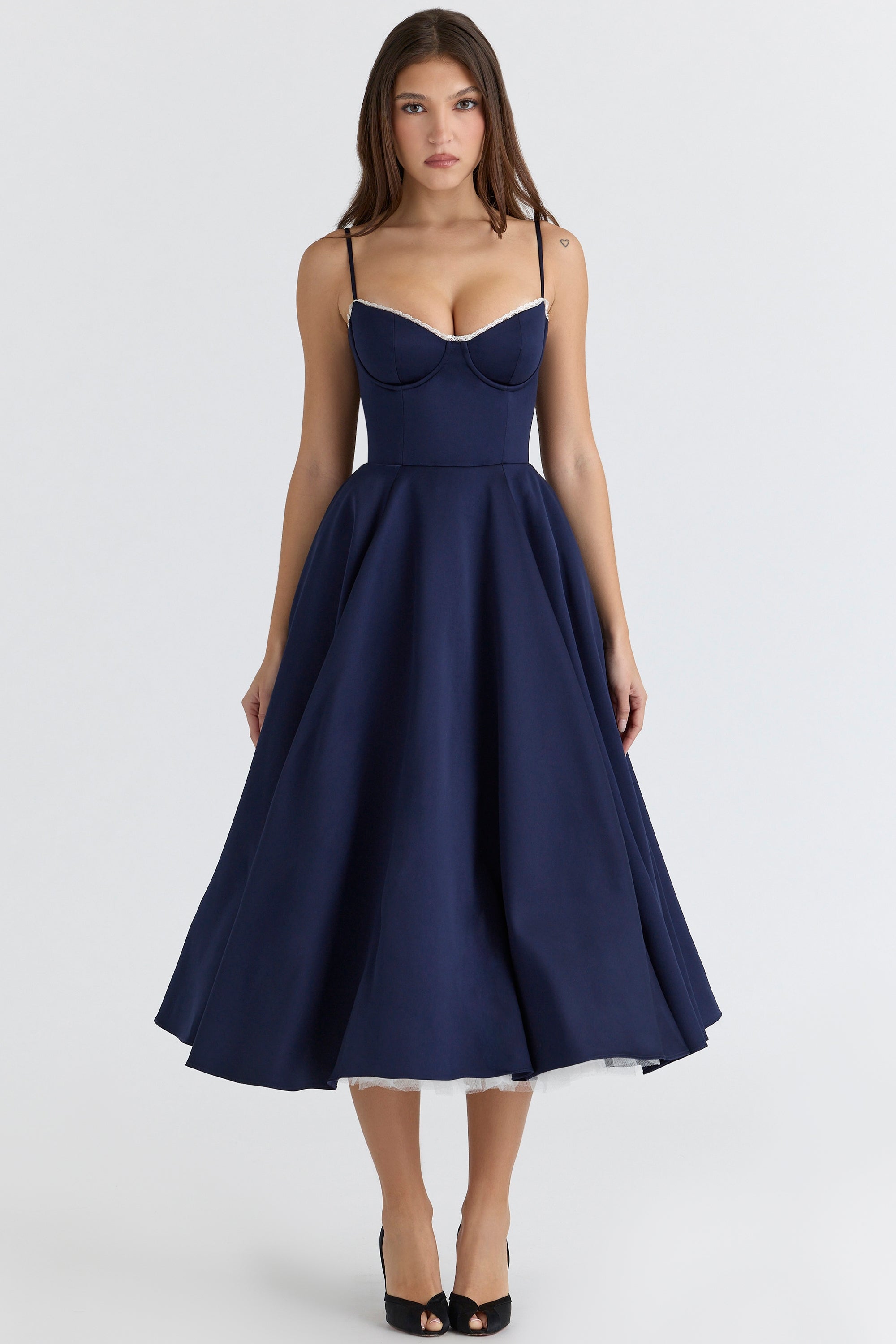 navy satin tulle midi dress