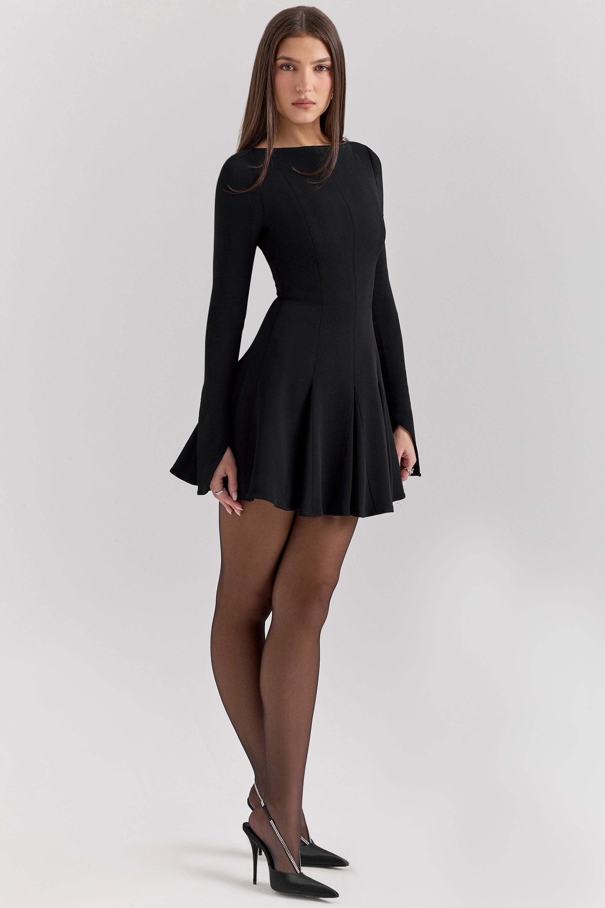 black stretch crepe godet mini dress