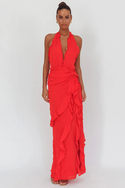 Libre Plunging Halter Ruffle Maxi Dress Red
