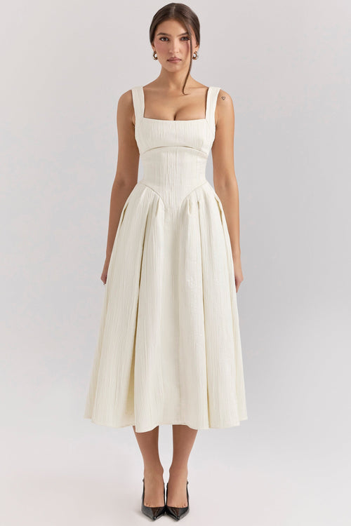 ivory textured satin corset midi dress