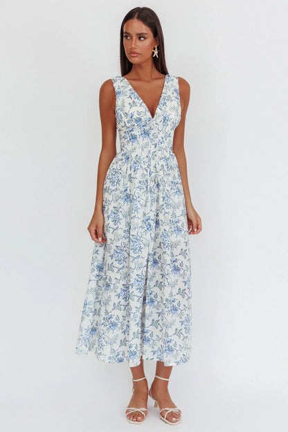 Spring Dawn Basque Waist Maxi Dress Floral Blue