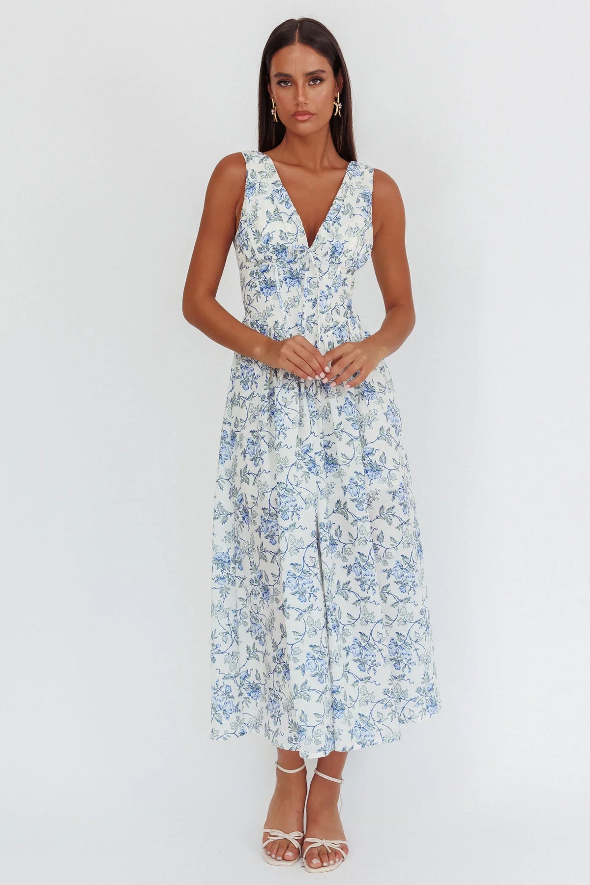 Spring Dawn Basque Waist Maxi Dress Floral Blue