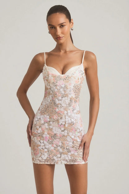 Embellished Camisole Bodycon Mini Dress in Ivory