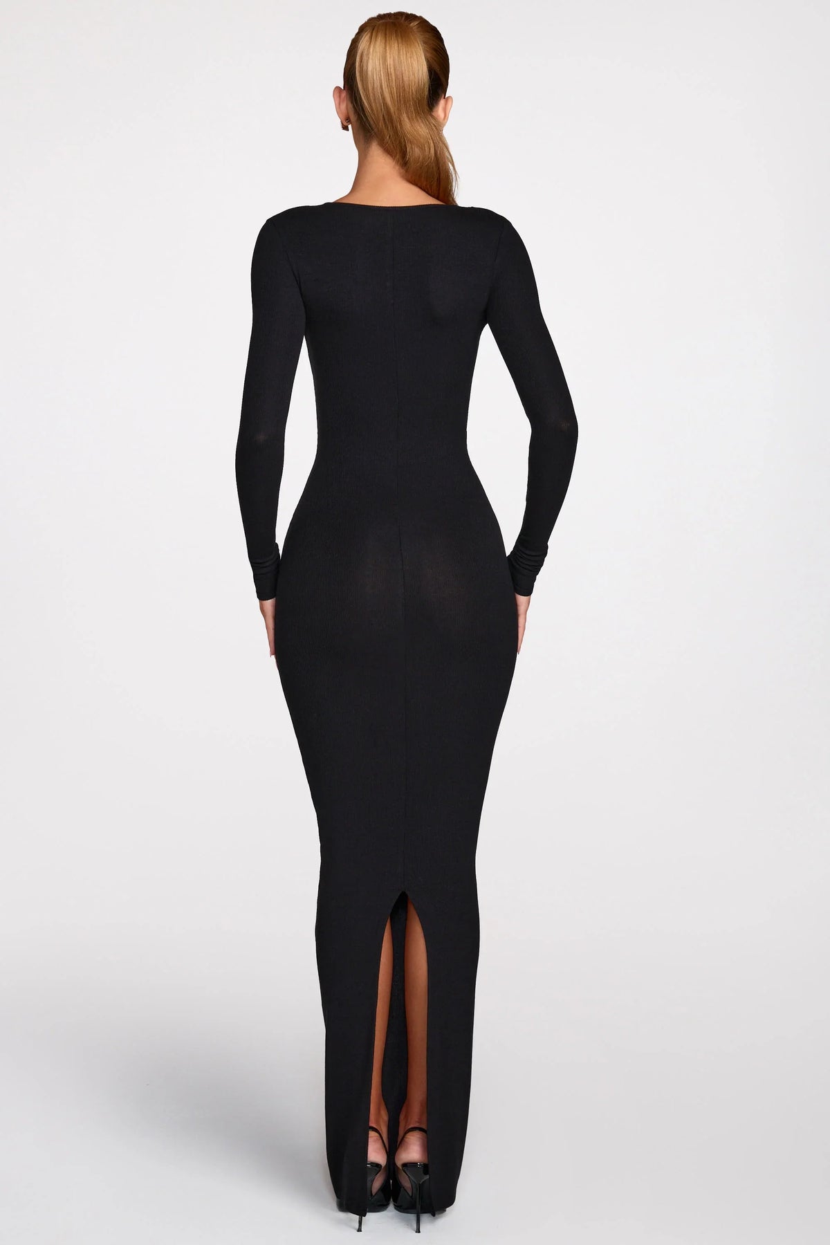 Ribbed Modal Long-Sleeve Plunge Maxi Dress in Black