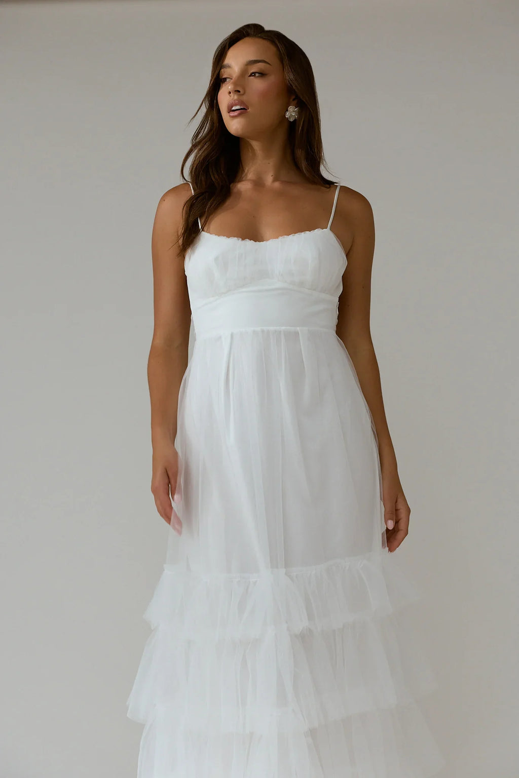 Nerida Twist Back Frill Trim Mesh Maxi Dress White