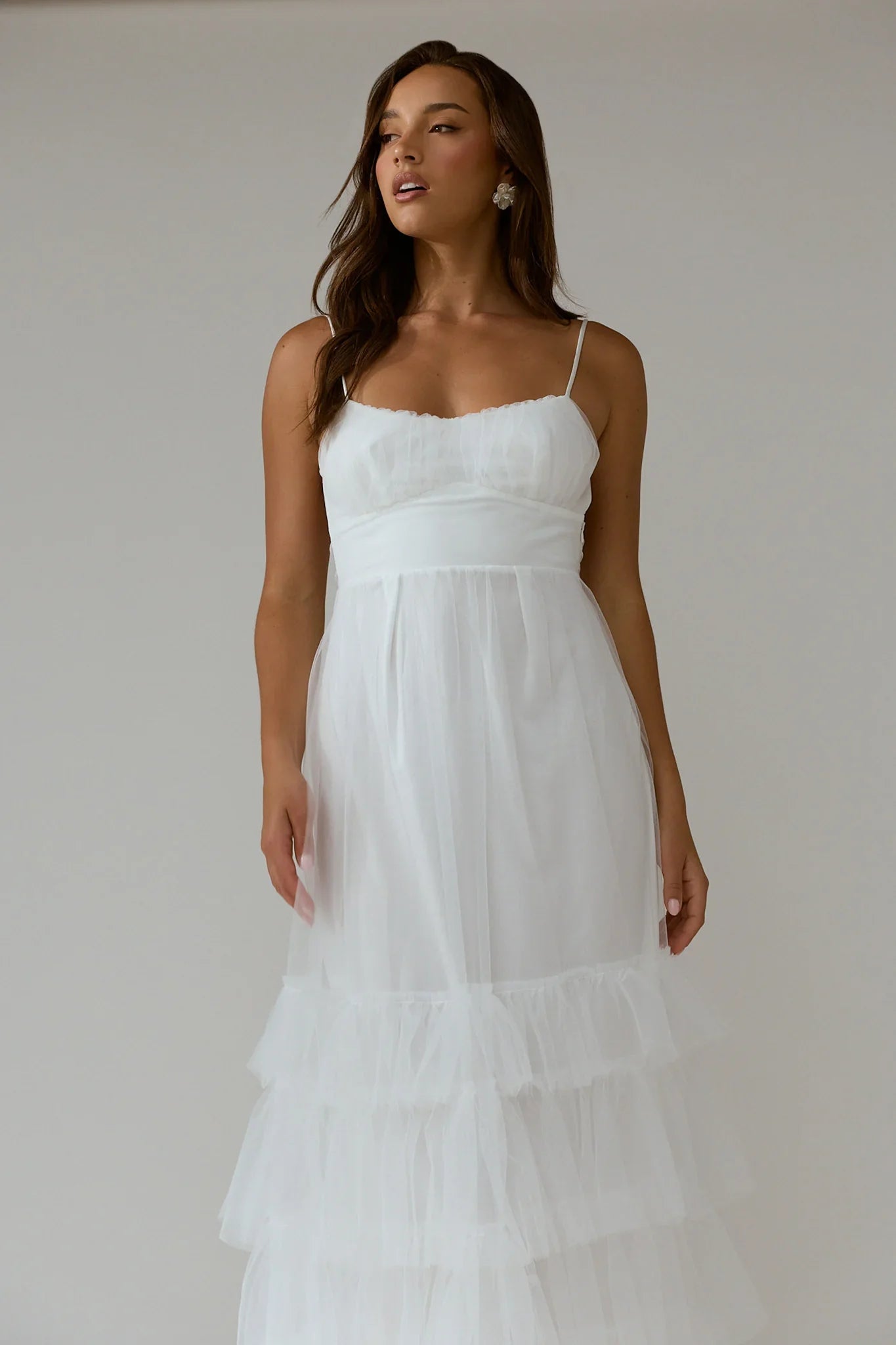 Nerida Twist Back Frill Trim Mesh Maxi Dress White