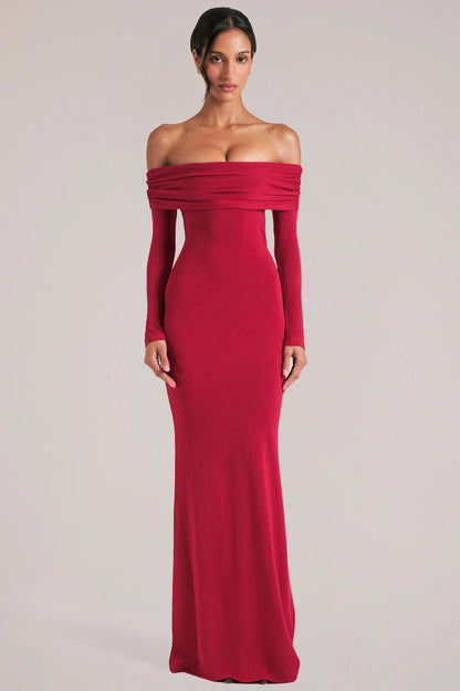 Off-Shoulder Long-Sleeve Maxi Dress in Cherry Red