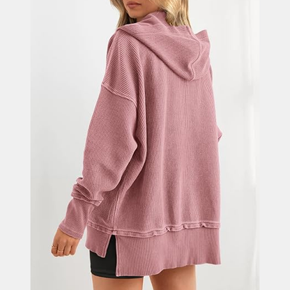 Women's Oversized Button V Neck Hoodie Long Sleeve Sweatshirt