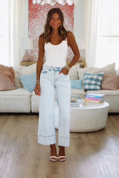 ZuZu High Rise Cropped Wide Leg Jeans - Light Denim
